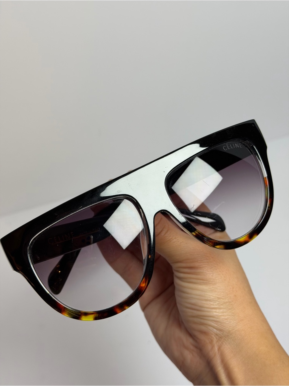 Celine Shadow CL41026/S Sunglasses Black Flat Top Frame/Tortoise Shell Bottom - Picture 9 of 11
